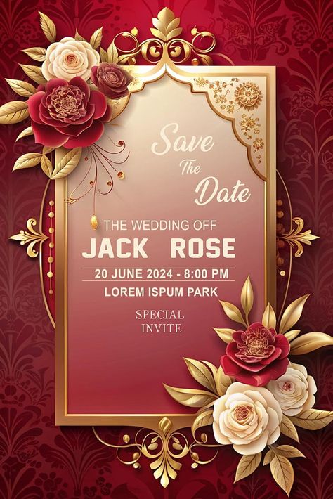 Wedding Invitation Card with Gold Frame and Red Roses – Free PSD Template - DG MOCKUP Background Psd, Elegant Wedding Invitation Card, Indian Wedding Cards, Good Morning Flowers Quotes, Free Photo Frames, Wedding Invitation Card Template, Vintage Background, Wedding Posters, Free Business Cards