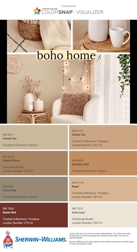 I just created this color palette with the Sherwin-Williams ColorSnap® Visualizer app on my Android phone. What do you think? You can learn more about ColorSnap Visualizer and get it on your phone free by visiting https://www.sherwin-williams.com/content/colorsnap.html. Boho Color Palette Sherwin Williams, Sherwin Williams Warm Neutrals, Bohemian Bedroom Colors, Sherwin Williams Color Palette, Bedroom Colour Palette, Living Room Renovation, Earthy Color Palette, Color Chip, Brown Paint