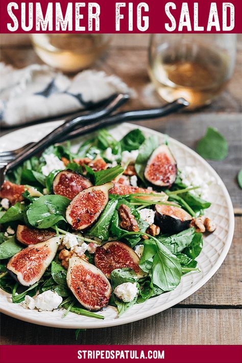 This fresh Fig Salad, with crumbled goat cheese, baby arugula, and a walnut oil vinaigrette is a beautiful and elegant recipe for a light lunch or salad course. Prep the components ahead and assemble the salad just before serving for easy entertaining. Figs And Goat Cheese, Fig Salad Recipes, Fig Salad, Pea And Ham Soup, Fig Recipes, Summer Lunch, Goat Cheese Salad, Fresh Figs, Arugula Salad