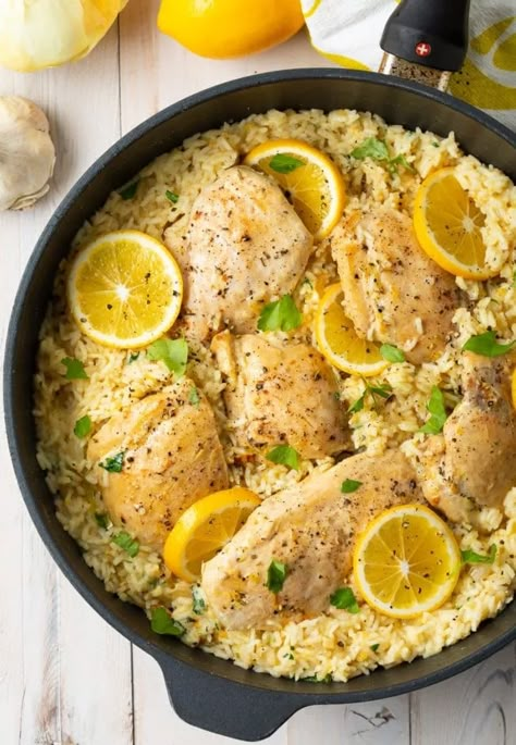 Lemon Chicken And Rice, Lemon Chicken Rice, Chicken And Rice Recipe, Chicken Tikka Masala Recipes, Rice Skillet, Creamy Lemon Chicken, Rice Casserole Recipes, Creamy Rice, One Skillet Meals