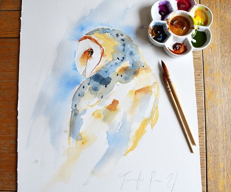 Owl Watercolor Tutorial, Loose Watercolor Birds, Easy Owl Painting, Watercolour Owl, Barn Owl Painting, Barn Drawing, Watercolour Animals, Loose Watercolour, Watercolor Barns