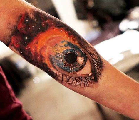 Tattoo photo - Space eye tattoo by Adrian Lindell Unique Tattoos For Men, Inner Bicep Tattoo, Bicep Tattoo, Realistic Tattoo, 3d Tattoos, World Tattoo, 3d Tattoo, Large Tattoos, Ink Master