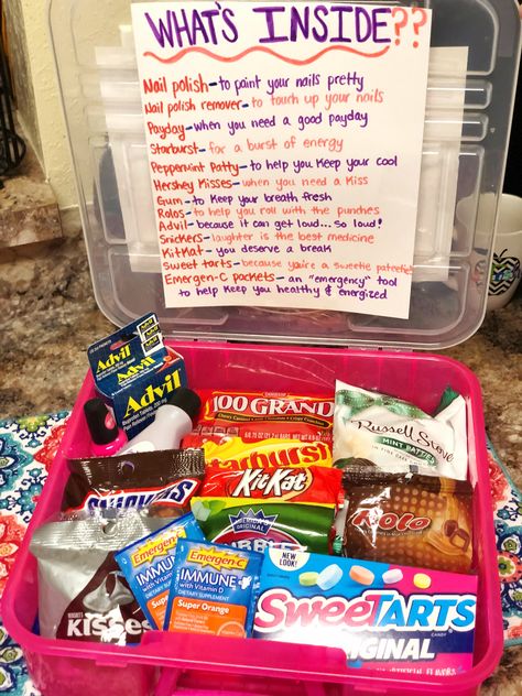 Teacher Gifts Beginning Of Year Survival Kits, Work Survival Kit Ideas Fun, Lunch Lady Survival Kit, Survival Kits For Coworkers, Teacher Appreciation Survival Kit, Teacher Survival Kit Ideas, College Survival Kit Gift, University Survival Kit, Camp Survival Kit