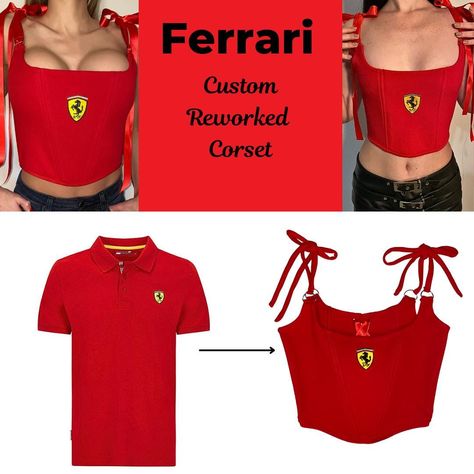 MORE PHOTOS AND REVIEWS ON INSTAGRAM MITSUKAI_OFFICIAL Reworked FERRARI FORMULA1 bustier Corset Top in red. Made from authentic vintage FERRARI polo shirt. MADE TO ORDER.  PLEASE ENTER YOUR BRA SIZE Size S & M are IN STOCK. Adjustable lace up back to fit multiple sizes.  Hand made. FOR MADE TO ORDER ALLOW 3 WEEKS FOR YOUR CORSET TO BE MADE. IN STOCK PIECES SHIP IMMEDIATELY. Due to the nature of vintage/second hand clothing, products may have small imperfeftions that are attributed to normal wear/tear. Only hand wash and dry.  Do not put in the washing/drying maschine. Ferrari Tank Top, Ferrari Crop Top, Ferrari Polo Shirt, Reworked Corset, Reworked Clothes, Vintage Ferrari, Second Hand Clothing, Cropped Tube Top, Corset Top