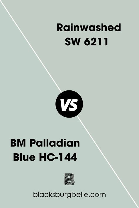 Aside from both being from two different paint companies, Palladian Blue is from Benjamin Moore, and Rainwashed is from Sherwin Williams, there are some other color-based differences to note here. Although slightly similar, Palladian Blue is lighter and has far more blue notes in it than Rainwashed. Bm Palladian Blue, Sw Rainwashed, Sherwin Williams Rainwashed, Rainwashed Sherwin Williams, Palladian Blue Benjamin Moore, Sherwin Williams Color Palette, Palladian Blue, Look Alikes, Blue Notes