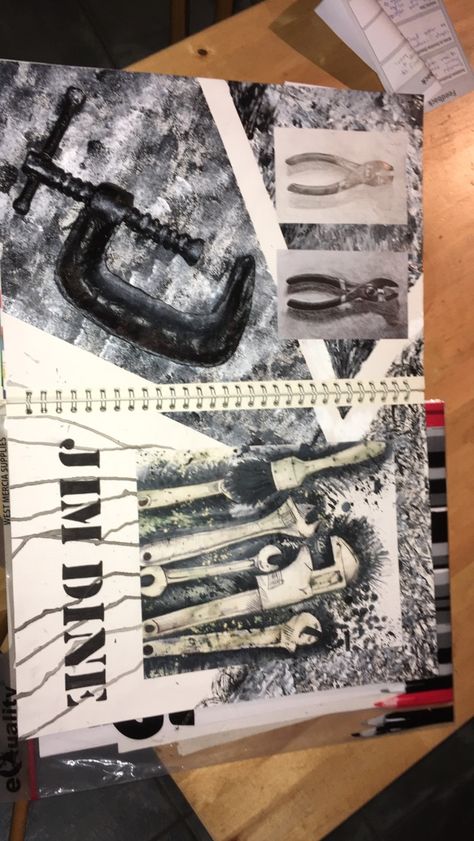 Jim Dine Gcse Sketchbook, Jim Dine Artist Research Page, Screwdriver Drawing, Igcse Arts, Mechanics Art, Jim Dine Art, Mechanical Objects, Tool Drawing, Artist Research Page