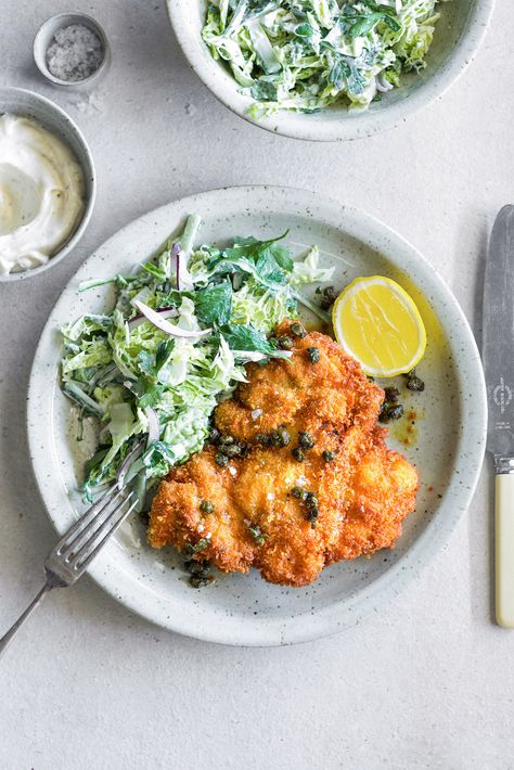 Chicken Schnitzel with Herb Salad — THE HUNGRY COOK Herby Salad, Fried Capers, Schnitzel Recipes, Crunchy Chicken, Tomato Tortellini Soup, Free Range Chicken, Brown Butter Sauce, Chicken Schnitzel, Spicy Salmon