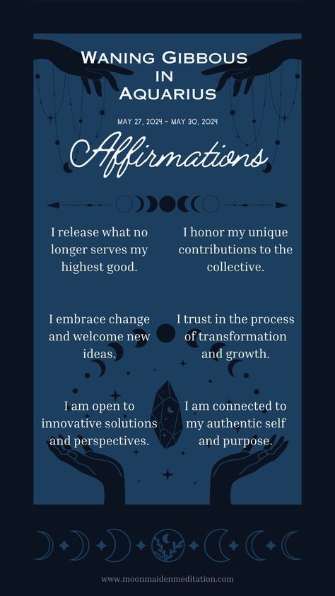 Explore how the Waning Gibbous in Aquarius inspires innovation and release of outdated patterns. Get insights, rituals, and affirmations to connect with this forward-thinking lunar phase.


📚 Discover our "Lunar Manifestation Journal Series" today! Moon Affirmations, Waning Gibbous Moon, Gibbous Moon, Lunar Phase, Moon Cycles, Forward Thinking, Moon Signs, Manifestation Journal, Ancient Wisdom
