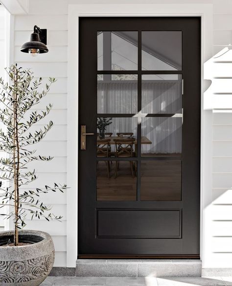 black doors interior • Instagram Entry Inspiration, Black Exterior Doors, Dark Features, Black Front Door, Light Floors, House Colours, California Bungalow, Black Front Doors, Australian Bush