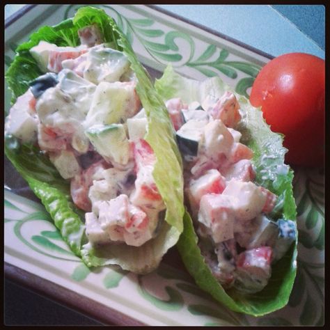 Ginny Says So: Imitation Crab Meat Lettuce Wraps Recipe Keto Crab Salad, Crab Recipes Healthy, Meat Wraps, Salad With Lettuce, Crab Pasta Salad, Wraps Recipes, Taco Lettuce Wraps, Salad Lettuce, Crab Meat Recipes