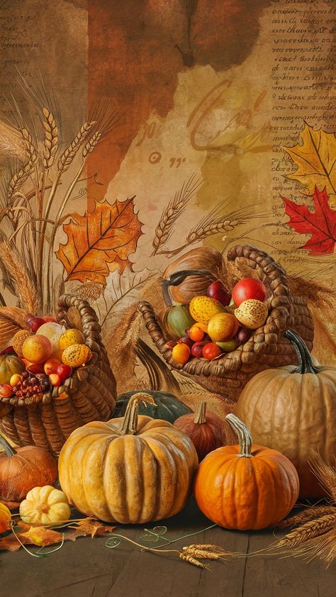 A warm and nostalgic vintage Thanksgiving wallpaper that captures the essence of a classic fall celebration. The richly textured background features a harmonious blend of muted earthy tones, including burnt orange, antique gold, and deep brown. Detailed pumpkins, each with a unique character, stand proudly in the foreground. Cornucopias brimming with vibrant harvest fruits are interspersed among the scene, adding a touch of abundance and harvest bounty. Thanksgiving Ipad Wallpaper Backgrounds, Thanksgiving Vintage Images, Thanksgiving Pictures Image, Vintage Fall Backgrounds, Thanksgiving Lockscreen, Thanksgiving Backgrounds Aesthetic, Wallpapers Thanksgiving, Vintage Thanksgiving Images, Free Thanksgiving Wallpaper