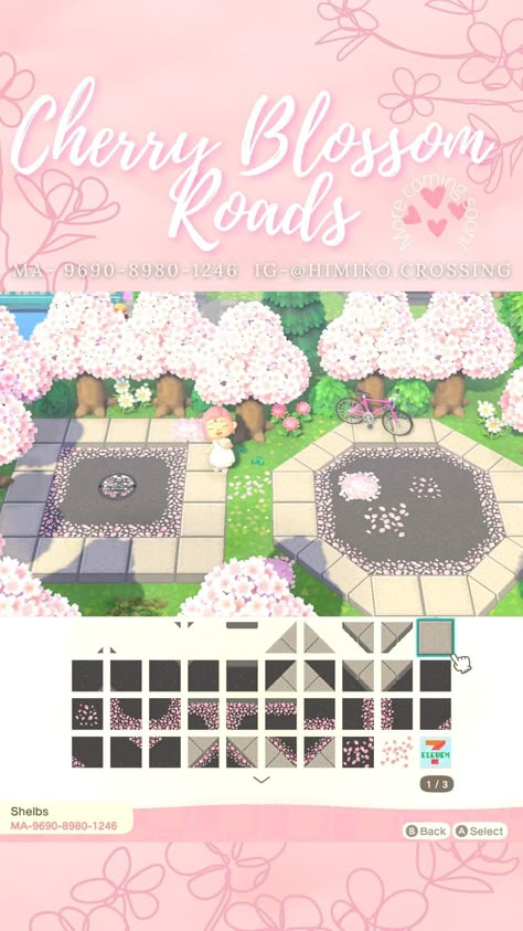 Acnh Cherry Blossom Road Design Code, Acnh Cherry Blossom Code, Acnh Cherry Blossom Path Designs, Cherry Blossom Petals, Rose Trellis, Animal Crossing Funny, Path Design, Island Theme, Cherry Blossom Season