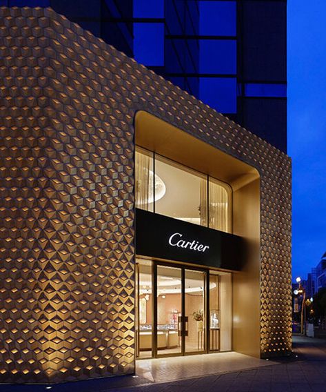 Cartier Store, Facade Engineering, Retail Facade, Shop Facade, Wood Facade, Wooden Facade, Hinoki Wood, Facade Lighting, Pattern Texture