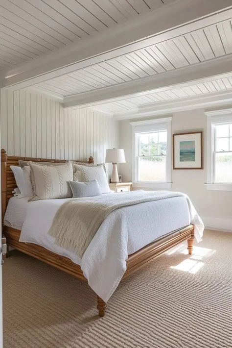 Create a serene and coastal retreat in your home with these 25 Charming Cape Cod Bedroom Ideas. Each idea captures the essence of this classic American style, blending nautical charm with cozy, understated elegance. Discover how to use light, airy color palettes, natural textures, and maritime accents to transform your bedroom into a peaceful Cape Cod haven. Whether it's through breezy linens, weathered wood furniture, or seaside-inspired decor! Cape Cod House Bedroom, Cape Cod Bedroom Ideas Sloped Ceiling, Cape Cod Bedroom Ideas, Cape Interior, Cape Cod Style Interior, Weathered Wood Furniture, Cape Cod Bedroom, Cape Cod Interior Design, Cape Cod Decor