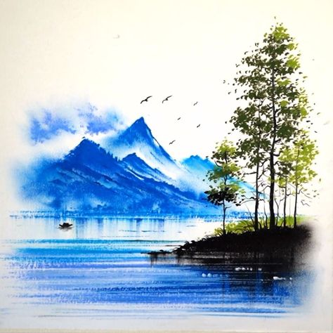 Beautiful Scenery Oil Pastel, Morning Drizzle Oil Pastel, Oil Pastel Art Scenery, Mountain Oil Pastel, Mountain Scenery Drawing, Pastel Scenery Drawing, Drawing Lake, Oil Pastel Scenery, Pastel Scenery