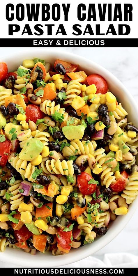 Cowboy Caviar Pasta Salad is loaded with tender pasta and a colorful mix of veggies that's tossed in a flavorful lime vinaigrette. It's a quick and easy salad, perfect for parties or potlucks. Southwest Tortellini Pasta Salad, Football Pasta Salad, Cowboy Pasta Salad Recipe, Cavatappi Pasta Salad, Cowboy Caviar Pasta Salad, Cowboy Caviar Pasta, Cold Pastas, Pasta Salad Recipes Cold, Caviar Pasta