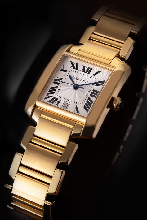 Cartier Tank Francaise W50001R2 1840 with gold case, leather strap, and automatic movement. Cartier Tank Watch, Cartier Tank Francaise, Stacked Bracelets, Tank Watch, Cartier Tank, Cartier Watch, Square Watch, Gold Case, O Clock