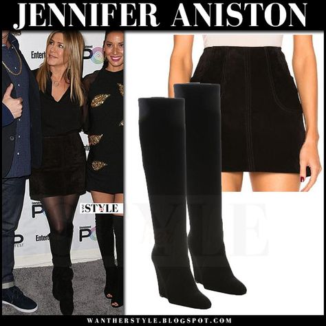 Jennifer Aniston in black shirt, black suede mini skirt and black suede wedge boots Black Suede Skirt Outfit, Black Suede Boots Outfit, Suede Skirt Outfit, Suede Boots Outfit, Black Silk Shirt, Black Wedge Boots, Suede Mini Skirt, Black Wedge, Black Suede Boots