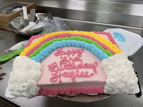 Pastel Rainbow Sheet Cake, Rainbow Sheet Cake, Writing Designs, Cake Rainbow, Birthday Cake Writing, Sheet Cake Designs, Baby First Birthday Cake, Birthday Sheet Cakes, Cake Writing