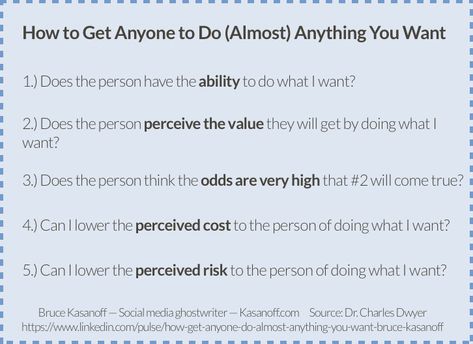 How to Get Anyone to Do (Almost) Anything You Want Keep this card handy for whenever you need to convince someone to do something they may not want to do. Industrial And Organizational Psychology, Job Info, Ghost Writer, An Education, About Business, Do What You Want, I Want Him, Public Profile, Reality Check