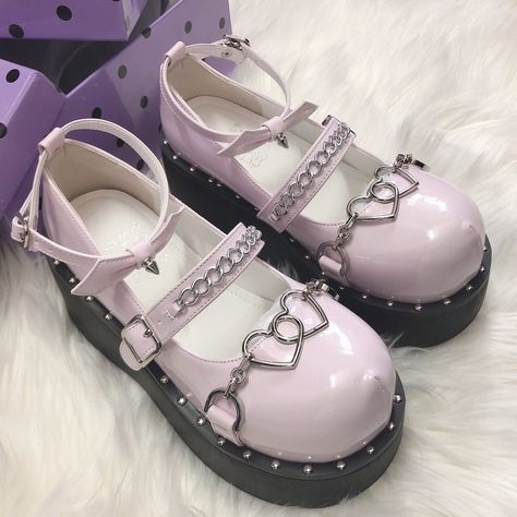 Pink And Black Goth, Heart Platforms, Buckle Outfits, Heels Patterns, Casual Slip On Shoes, Kawaii Shoes, Womens Mary Janes, Black Goth, Princess Shoes