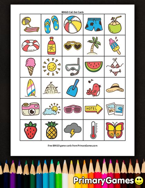 FREE printable Summer BINGO Game. Easy to use - just PRINT and PLAY. Summer picture BINGO cards feature images of Sunshine, Beach Balls, Popsicles, Watermelon and more! Find lots fun BINGO games at PrimaryGames. Printable Bingo Cards Free, Kindergarten Binder, Emoji Bingo, Bingo Printable Free, Picture Bingo, Summer Bingo, Easter Templates Printables, Bingo For Kids, Bingo Sheets