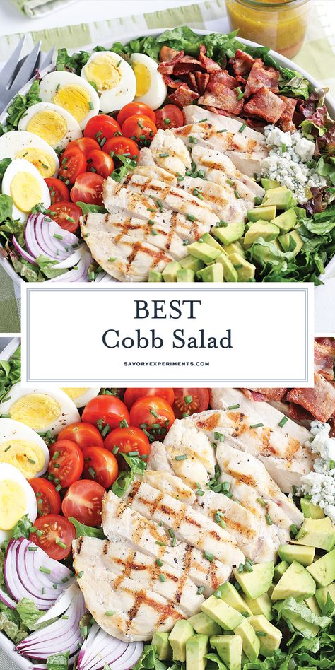 With egg, bacon, tomato, onion, avocado and blue cheese, a Classic Cobb Salad recipe can't be beat! This recipe also has the BEST homemade dressing! #cobbsalad #classiccobbsalad #chickencobbsalad www.savoryexperiments.com Best Cobb Salad, Classic Cobb Salad Recipe, Cobb Salad Dressing, Cobb Salad Ingredients, Classic Cobb Salad, Cobb Salad Recipe, Peach Salad, Bacon Tomato, Salad Pasta