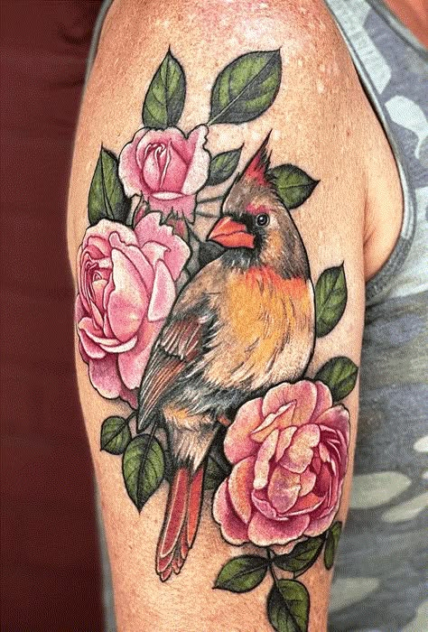 Northern Cardinal Tattoo Design Images (Northern Cardinal Ink Design Ideas) Cardinal Tattoo Design, Cardinal Tattoo Ideas, Grandparents Tattoo, Bird And Flower Tattoo, Cardinal Tattoo, Flower Shoulder Tattoo, Cardinal Tattoos, Minimalist Tattoo Ideas, Tribute Tattoos