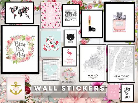 Pralinesims' Wall Stickers Clutter Decor, Sims4 Build, Sims Decor, Sims4 House, Teen Girl Wall Art, Cc Furniture, Sims 4 Clutter, Wal Art, Sims 4 Cc Shoes