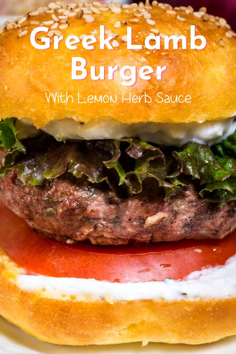 Greek Lamb Burger Recipe slathered with smooth creamy Lemon Herb Sauce is tender and juicy. It's one of the best burgers you'll ever eat. Healthy Dinner Clean Eating, Lamb Burger Recipe, Lemon Herb Sauce, Lamb Burger Recipes, Lamb Burger, Greek Lamb, Sandwiches Wraps, The Best Burgers, The Best Burger