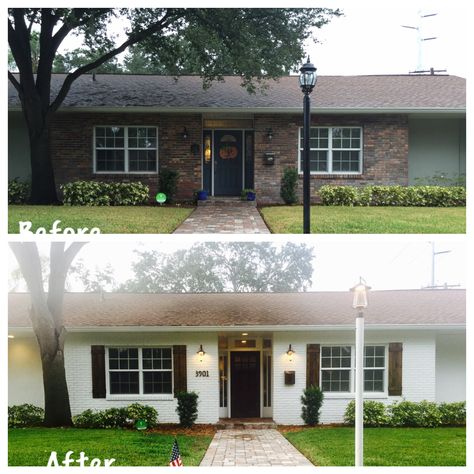 We finally did it! Now the exterior hints at the already great interior of this 1970s ranch. Brick Ranch Houses, Ranch House Remodel, Architecture Renovation, Ranch House Exterior, Painted Brick House, Brick Siding, House Makeovers, Ranch Remodel, Ranch Exterior