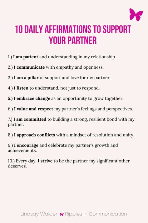 Empower your relationship with these 10 daily affirmations, designed to enhance support and understanding between partners. Discover more ways to strengthen your bond in my latest blog post. #DailyAffirmations #SupportivePartner #RelationshipGoals Understanding Your Partner, Supporting Your Partner, Healthy Couple, Supportive Partner, 10 Affirmations, Change Is The Only Constant, Couples Therapist, Healing Journaling, Gratitude Challenge