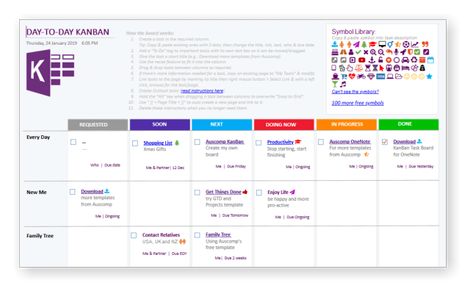 KanBan Task Board - Visualize your Tasks, To-Do's and Projects in OneNote - Templates for OneNote by Auscomp.com Digital Kanban Board, Onenote Kanban Template Free, Kanban Board Ideas, One Note Templates, Microsoft Onenote Templates, Personal Kanban Board, Onenote Planner, Scrum Board, Microsoft Applications