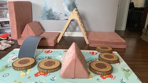 Wobble Board Play Ideas, Nugget Couch Ideas With Pikler, Pikler Triangle And Nugget Builds, Nugget With Pikler, Nugget Couch And Pikler, Pickler Triangle And Nugget, Pickler Triangle And Nugget Builds, Nugget Pikler Builds, Nugget And Pikler Builds