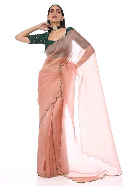 Buy Label Nitika Organza Saree with Blouse Online | Aza Fashions Onion Pink Saree, Pink Organza Saree, Onion Pink, Emerald Green Blouse, Embroidered Saree, Embellished Jacket, Contrast Blouse, Blouse Price, Embroidered Neckline