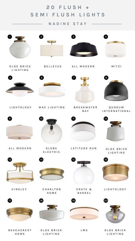 Boob light replacements and stylish ceiling light fixtures. Swap out your dated lights with these current brass, matte black, bronze, and milk glass flush mount and semi-flush mount ceiling lights. Dated ceiling lights and trendy alternatives. | Nadine Stay #booblight #ceilinglight #flushmount #hallwaylight #ceilinglightideas #kitchenlight #milkglass #light