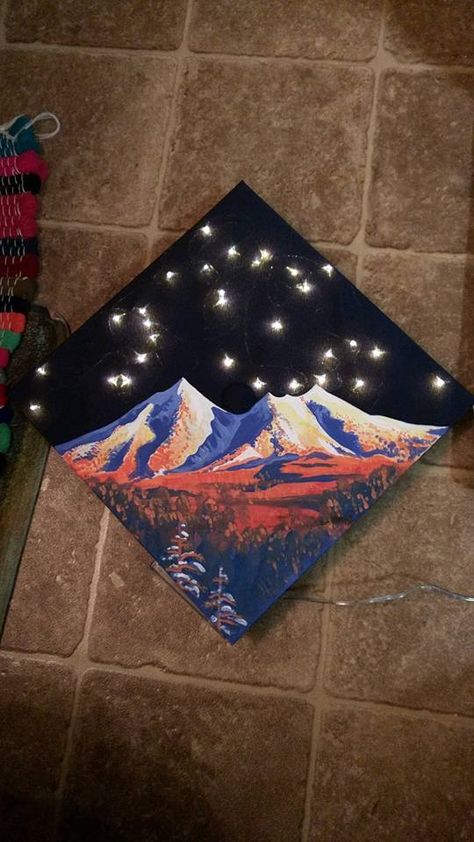 My college graduation cap.   > Acrylic paint > Micro LED light strand with battery pack > Velcro Biology Graduation Cap, Graduation Diy Decorations, Graduation Cap Designs College, Creative Graduation Caps, College Grad Cap Ideas, Grad Cap Decorated, Graduation Cap Decoration Diy, High School Graduation Cap, College Graduation Cap Decoration