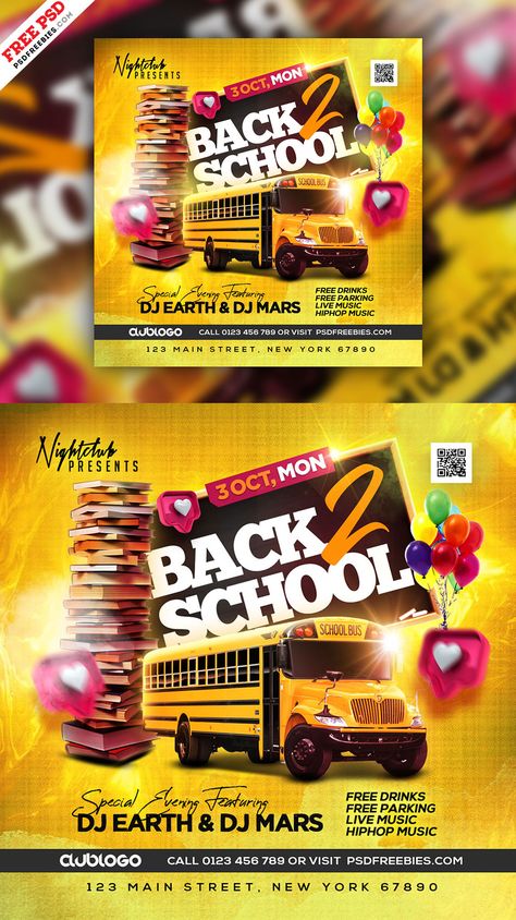 Feel free to download our Free Back To School Party Social Media Post PSD! This template is perfect for organizing a school-themed party at school colleges, nightclubs, restaurants, home parties, or even graduation gatherings. It’s a valuable resource that will help you promote on social media websites and create a memorable event. Party Social Media Post, Party Promotion, Pubmat Ideas, Resturant Design, College Event, Free Psd Flyer Templates, Free Psd Flyer, Home Parties, F1 Poster