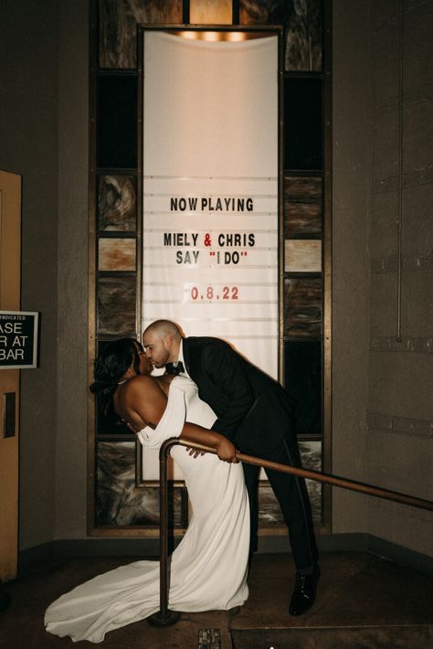 Unique and Playful Wedding in a Brooklyn Movie Theatre Wedding Ideas Movie Theme, Movie Poster Engagement Photos, Wedding Themes Aesthetic, Movie Theatre Wedding Ceremony, Movie Wedding Aesthetic, Projector At Wedding, Theatre Wedding Photos, Theatre Wedding Theme, Movie Theme Wedding Ideas