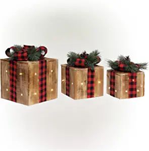 Amazon.com : Alpine Corporation WDR162A Lawn Decoration, Red : Patio, Lawn & Garden Decorative Wooden Boxes, Buffalo Plaid Ribbon, Wood Gift Box, Lawn Art, Holiday Gift Box, Plaid Ribbon, Holiday Store, Wooden Gift Boxes, Lawn Decor