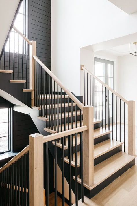 Black And Wood Staircase Modern, Low Ceiling Basement Remodel, Railing Makeover, Basement Stair, Black Hallway, Spec House, Stair Ideas, House Staircase, Staircase Remodel