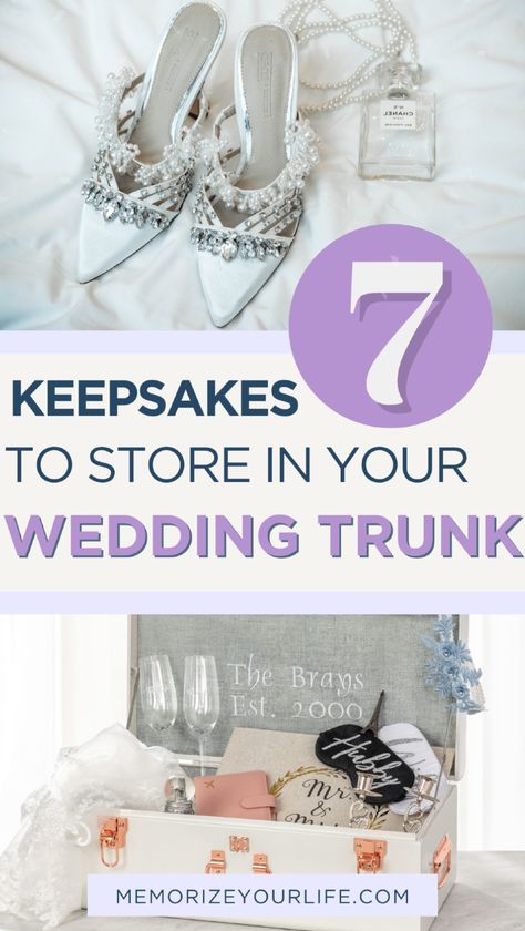 Wondering what to do with all those sentimental items after your big day? Check out our list of 7 must-have wedding keepsakes for your wedding trunk. From your wedding day perfume to customized bridal shoes, find out what to put in your memory trunk to preserve those special moments. Visit our blog for more wedding planning and organization ideas! Wedding Day Perfume, Keepsake Trunk, Wedding Trunk, Unique Wedding Keepsakes, Bridal Planner, Wedding Shower Gifts, Vow Book, Future Bride, Wedding Keepsakes