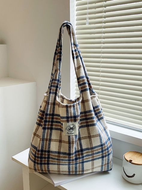 Desain Tote Bag, Sac Tote Bag, Plaid Tote Bag, Tote Bags For School, Plaid Tote, Bags For Teens, Shoulder Tote Bag, Shopper Bag, Diy Bag