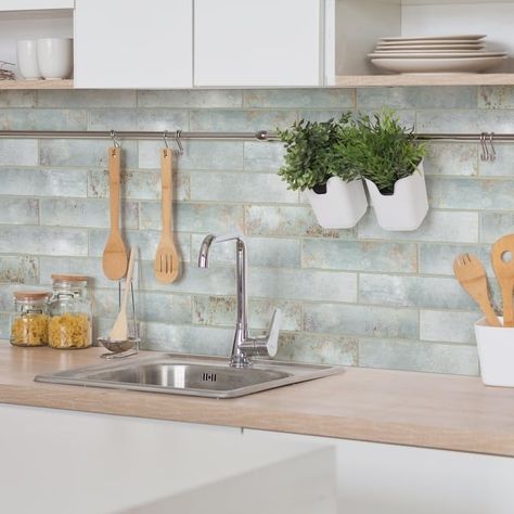 Aqua Tile Backsplash Kitchen, Seafoam Green Backsplash, White And Teal Backsplash, Teal Kitchen Backsplash Ideas, Blue Green Tile Backsplash Kitchen, Light Green Backsplash Tile, Artisan Backsplash Kitchen, Beach House Kitchen Backsplash Ideas, Sea Glass Tile Backsplash Kitchen