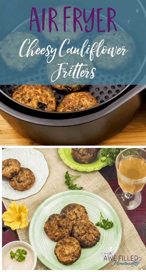 Low carb eating can be delicious! One food I love is cauliflower! So I set out to come up with a tasty air fryer recipe with one of my favorite foods. Air Fryer Recipes Healthy Low Carb, Cauliflower Patties, Zucchini Parmesan, Parmesan Chips, Cauliflower Fritters, Air Fryer Recipe, Air Fried Food, Cheesy Cauliflower, Air Fry Recipes