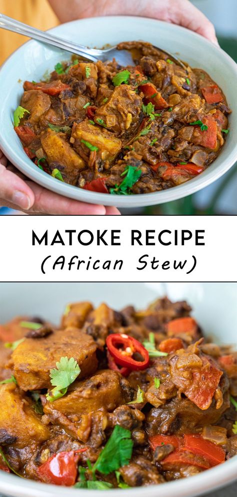 Matoke is a Ugandan stew made with Matoke (green bananas), vegetables, protein, and a spice mix. Our recipe for this typical African stew includes beans for plant-based protein and plantain instead of Matoke, as they are widely available. T #africanfood #africa #stew #veganstew #greenbanana #matoke Plantain Recipes African, African Meals Dishes, West African Vegetarian Recipes, West African Vegan Recipes, African Food Recipes Ghana, Plant Based African Recipes, African Recipes Vegetarian, African Plantain Recipes, Vegan West African Food