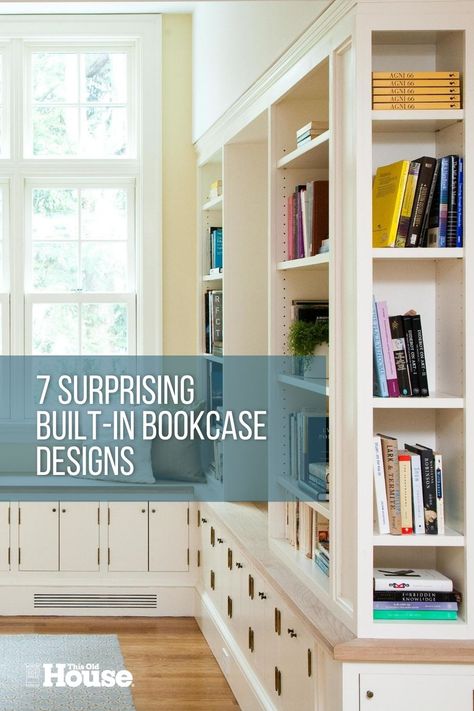 Get ideas to help you design and build built-in bookshelves to add more beautiful and functional storage to your room. #bookcase #storage Built In Hallway Bookcase, Built In Bookshelves Plans, Built In Bookshelves Different Size Shelves, Bookcases Under Windows, Built In Bookshelves With Drawers, Built In Bookshelves Around Door, Slim Built In Bookcase, Built In Bookcase With Drawers, Wrap Around Built In Bookshelves