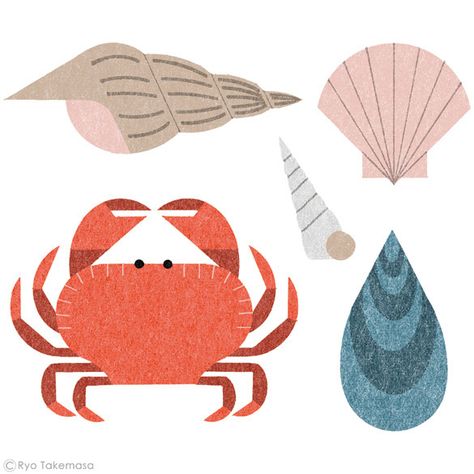 Fish Illustration Design, Seaside Illustration, Ryo Takemasa, Crab Illustration, Seashell Design, Sea Pattern, Beach Illustration, Fish Illustration, Interior Illustration