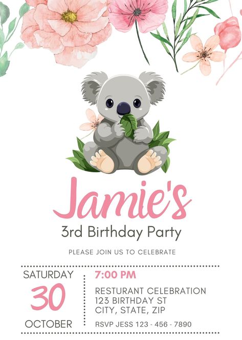 Koala Birthday Invitations, Koala Party, Koala Birthday, Koala Illustration, Animal Birthday Invitation, Boy Birthday Invitations, Party Invites, 3rd Birthday Parties, Party Entertainment