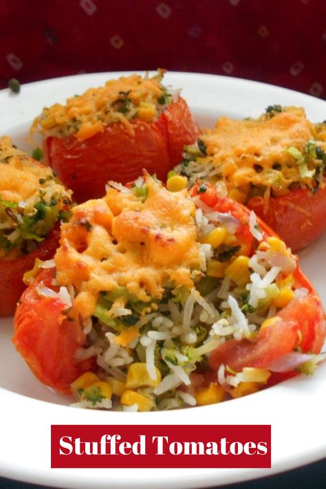 Spicy Tomato Rice Recipe, Stuffed Tomatoes With Rice, Stuffed Peppers With Rice Vegetarian, Food Network Lazy Tomato Rice, Vegetarian Stuffed Bell Peppers With Rice, Rice Broccoli, Low Calorie Lunches, Stuffed Tomatoes, Tomato Rice